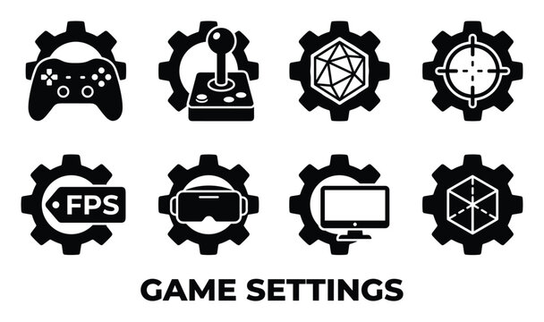 Game settings icons, controller, joystick, dice, crosshair, FPS, VR headset, monitor resolution.