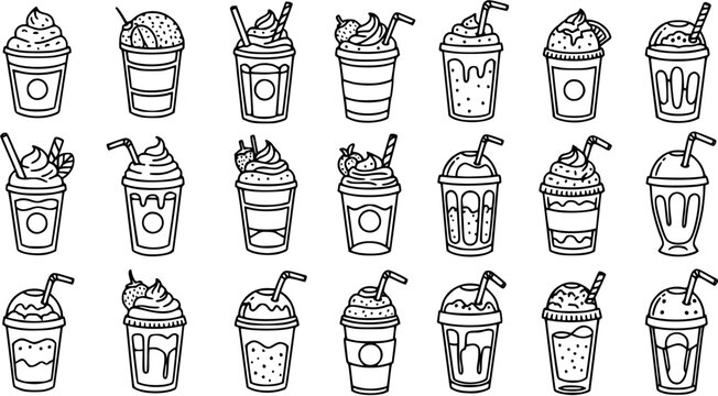 Food  Drink Hand-drawn Black and White Line Art Doodle Icons: Collection of Frappes, Milkshakes, Smoothies, and Cold Beverages in Takeaway Cups.