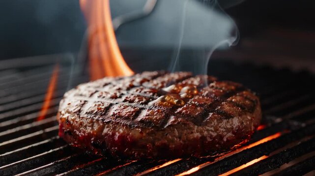 Juicy grilled beef burger patty cooking with flames and smoke on barbecue grill closeup