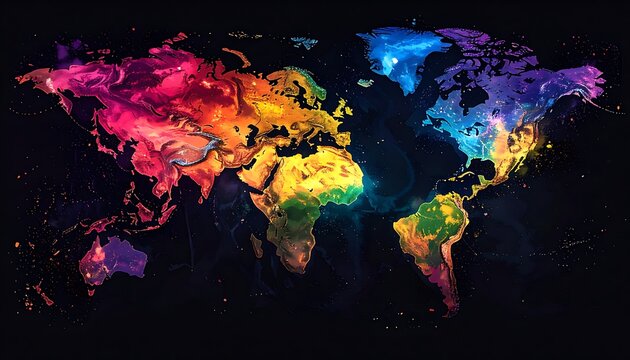 A multicolored world map on a black background