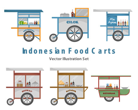Indonesian Street Food Cart Vector Set with Bakso, Cilok, Siomay, Batagor and Ketoprak Illustrations