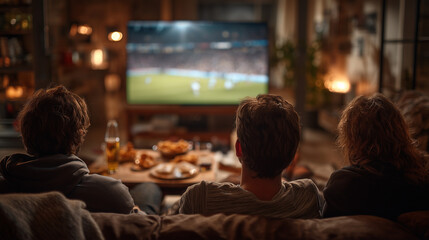 Fototapeta premium friends watching a soccer football match on tv together at home in a cozy living room