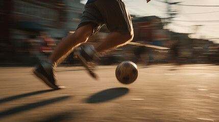 Fototapeta premium a person playing street soccer on an asphalt road during golden hour sunset, Dynamic motion blur soccer football