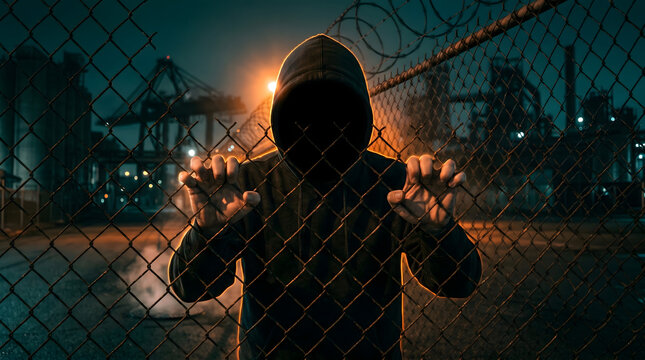 Mysterious hooded figure gripping a chain link fence with barbed wire in a dark industrial setting at night for security concept.