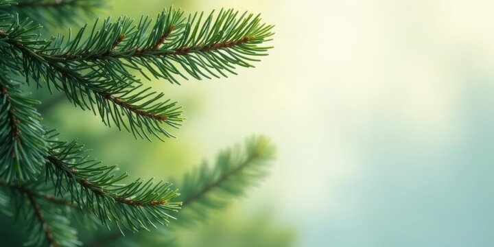 Close-up of vibrant green pine tree branches against a soft, blurred background, perfect for nature-themed designs and peaceful imagery