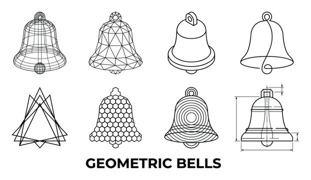 Geometric bells in eight unique styles including wireframe polygon mesh isometric 3d and schematic diagram.