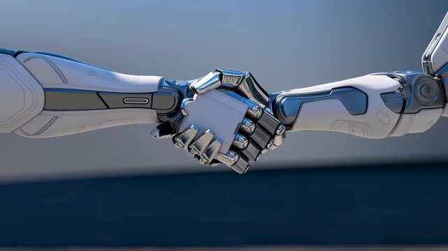Futuristic robotic hands shaking in a gesture of collaboration and partnership. Symbolizing the integration of technology and human interaction in modern society