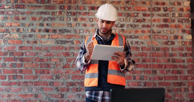 Construction, doubt and tablet with man on building site for project management or update. App, problem solving and thinking with confused engineer on worksite for property development as architect