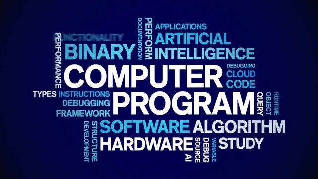 Computer Program animated word cloud-text design animation tag kinetic typography seamless loop.