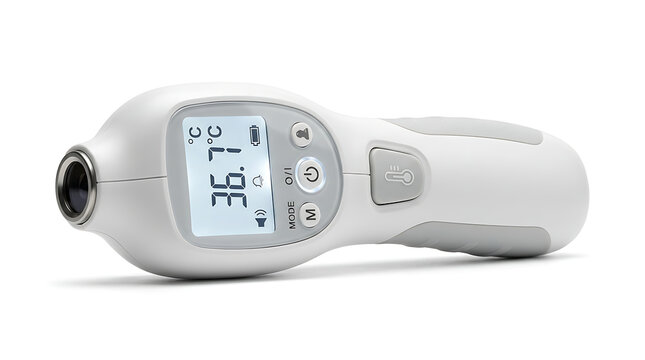 Modern digital infrared forehead thermometer with illuminated screen showing temperature reading and battery indicator transparent background