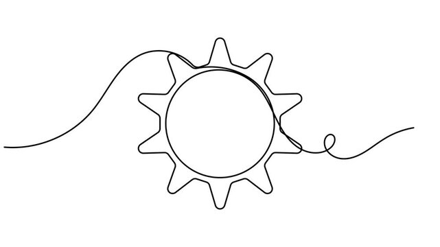 Continuous one line drawing engineering gear icon sign art single line on white background minimalist industrial automation symbol 4k animation video