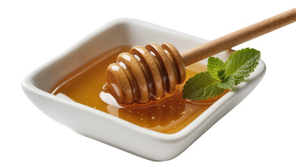 Golden honey in white square bowl with wooden dipper and mint leaf © Natalia