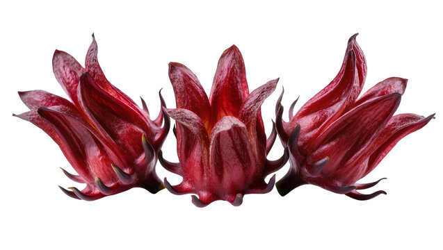 Three red roselle flowers with pointed petals