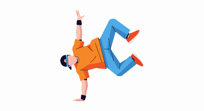 A person in a vibrant orange shirt and blue pants performs a breakdance move