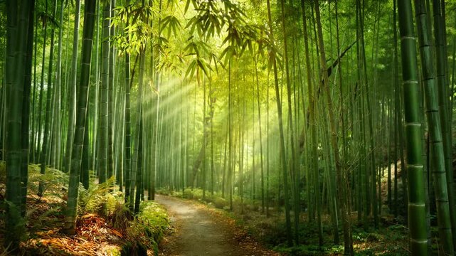 Sunlit bamboo forest path with lush green foliage and natural serene atmosphere in peaceful nature setting