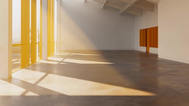 Bright and spacious empty room with large windows casting shadows on the floor. Ideal for showcasing modern architecture and interior design concepts