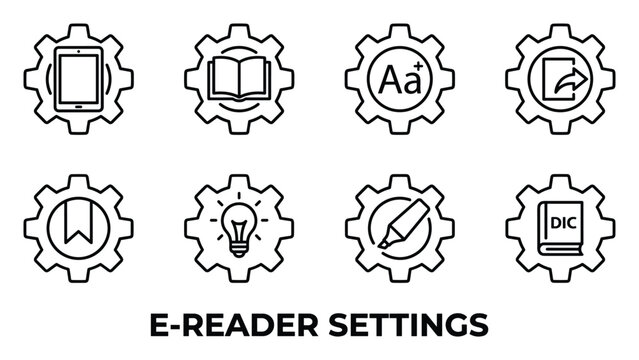 Set of e reader settings icons in gear shape for digital library application interface elements.