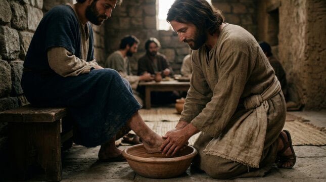 Jesus washing the feet of his disciple, Peter, in a biblical scene depicting humility and servitude