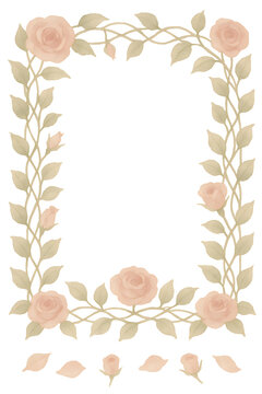 Elegant watercolor rose vines forming a full rectangular border frame with buds at the bottom isolated on a transparent background. generated by AI.