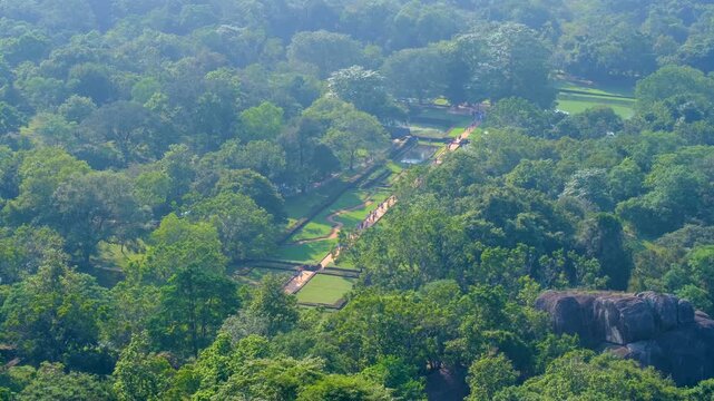 Aerial view overlooking tourist visiting Sigiriya gardens in northern Matale District, Central Province in Sri Lanka