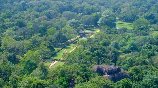 Aerial view overlooking Sigiriya gardens and forest trees in northern Matale District, Central Province in Sri Lanka