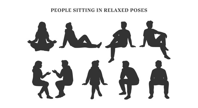 Architectural Scale Figures of People Sitting in Relaxed Poses Silhouettes, Diverse Men and Women Black Vector Shapes Elevation CAD Blocks Set for Section Drawings and Interior Renderings