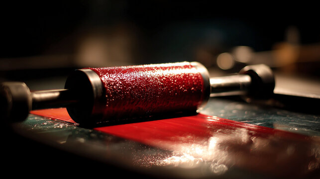 Macro of a brayer roller spreading glossy crimson ink across a glass plate in a letterpress printing workshop with focused light and dark surroundings