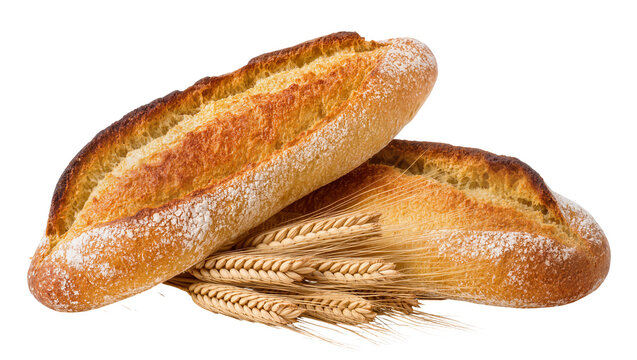 Two crusty artisan loaves of bread with wheat stalks