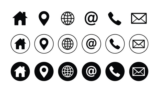 Contact and communication illustration ai icons representing home address, location pin, website, email, telephone support, customer service, business contact information, and digital communication co