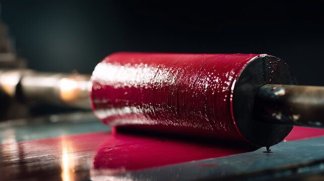 Macro close up of a rubber brayer roller spreading glossy crimson ink across a glass plate with a wet reflective sheen in focused workshop light against a dark moody letterpress printing background