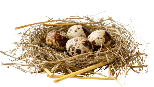 Four speckled quail eggs in a nest of straw
