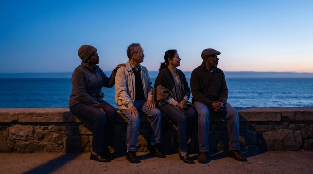 Diverse senior friends sitting on stone wall by the ocean at twilight, retirement and aging gracefully concept
