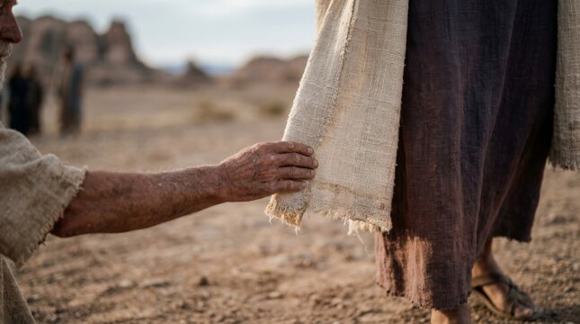 A man in desert robes, reaching out to touch the hem of Jesus garment on a dusty path in the biblical era.