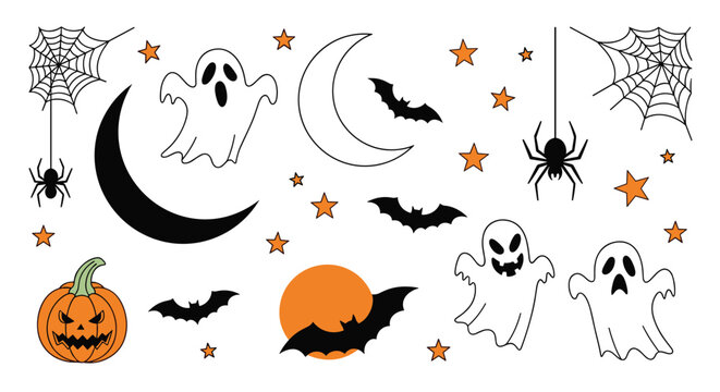 Comprehensive set of Halloween clip art includes spooky ghosts, black bats, crawling spiders, glowing moons, and a carved pumpkin.