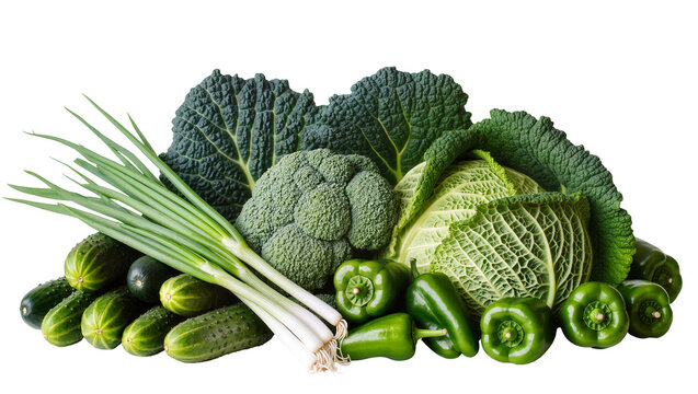 Assortment of fresh green vegetables including broccoli cabbage peppers cucumbers, and scallions