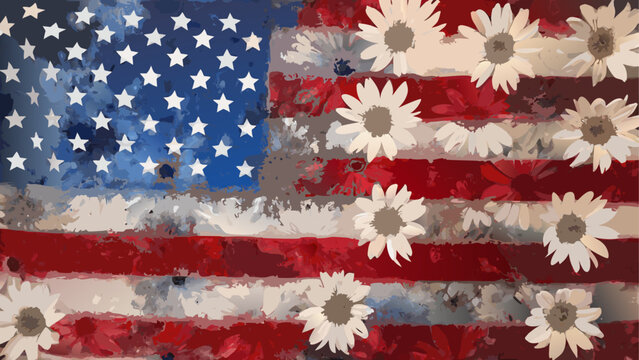 American flag with white daisy flowers artistic design