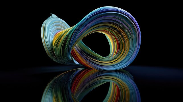 Twisted, colorful ribbon forms infinite loop on reflective black surface
