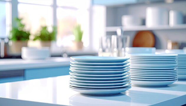 Stacks of white plates on a bright, clean kitchen counter