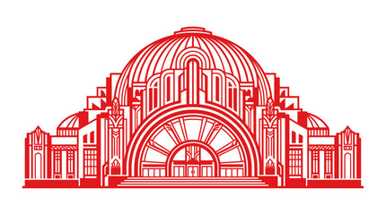 Art Deco Building Facade with Dome and Geometric Patterns in Red © Pensil