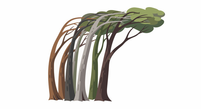 A line of stylized trees bent over by strong wind
