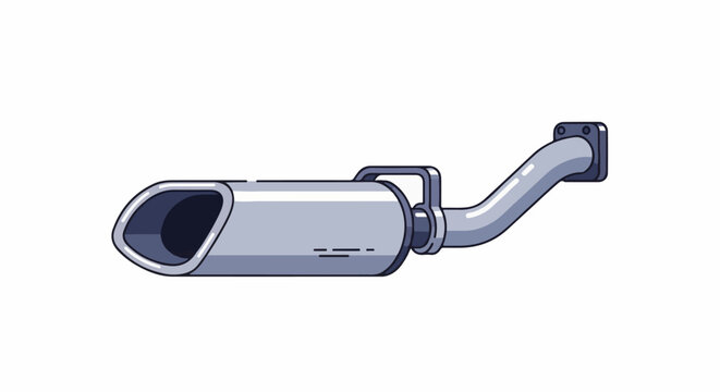 A silver car muffler with a curved pipe and flange