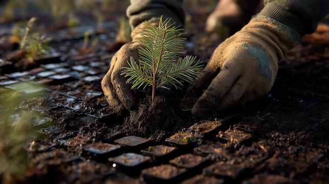 Overhead view of gloved hands firmly pressing a young pine sapling into rich dark soil beside scattered seedling trays in soft morning reforestation light