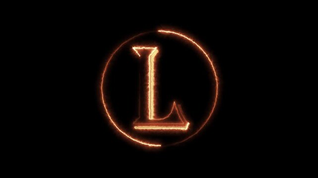 Glowing golden letter l animation bright illuminated neon light effect isolated on black background