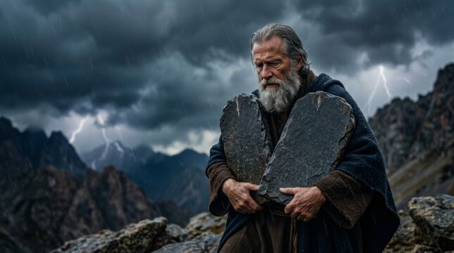 Moses holding the ten commandments tablets on a mountain during a thunderstorm. The Ten Commandments of God.