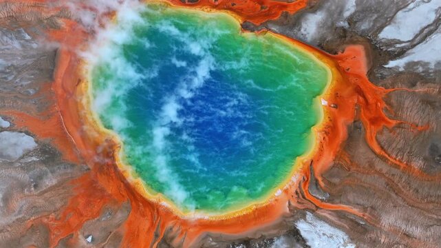 Midway Geyser Basin vibrant turquoise hot springs pool Grand Prismatic Spring earth aerial drone Yellowstone National Park Wyoming morning thermal steam Boardwalk trail nature landscape upwards circle