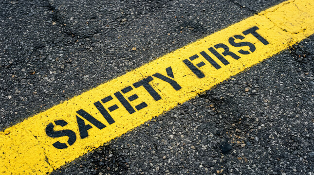 Safety First warning sign painted on asphalt, yellow industrial floor marking on dark pavement, workplace security and hazard prevention concept