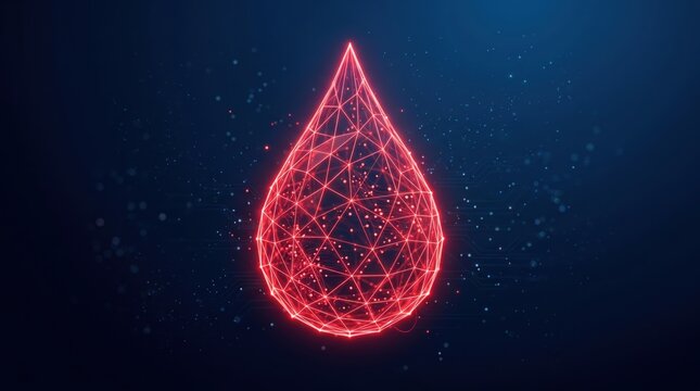 Glowing red geometric water drop on dark blue background with particles