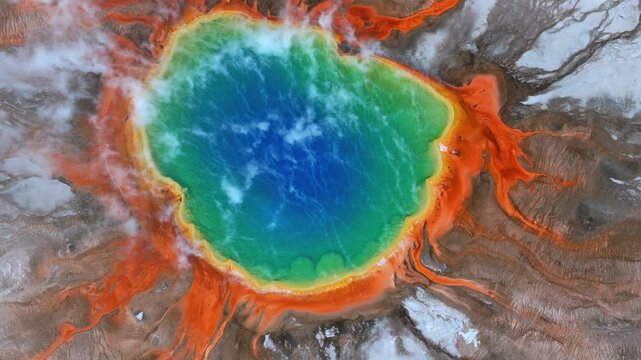 Midway Geyser Basin vibrant turquoise hot springs pool Grand Prismatic Spring earth aerial drone Yellowstone National Park Wyoming morning thermal steam Boardwalk trail nature landscape upwards