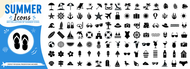 Summer icons mega collection. Big set of beach holiday and tropical vacation solid glyph silhouettes vector. © Vasyl Yurlov