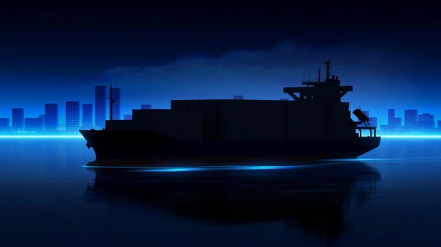 Silhouette of a cargo ship sailing at night with city skyline and water reflection in blue tones